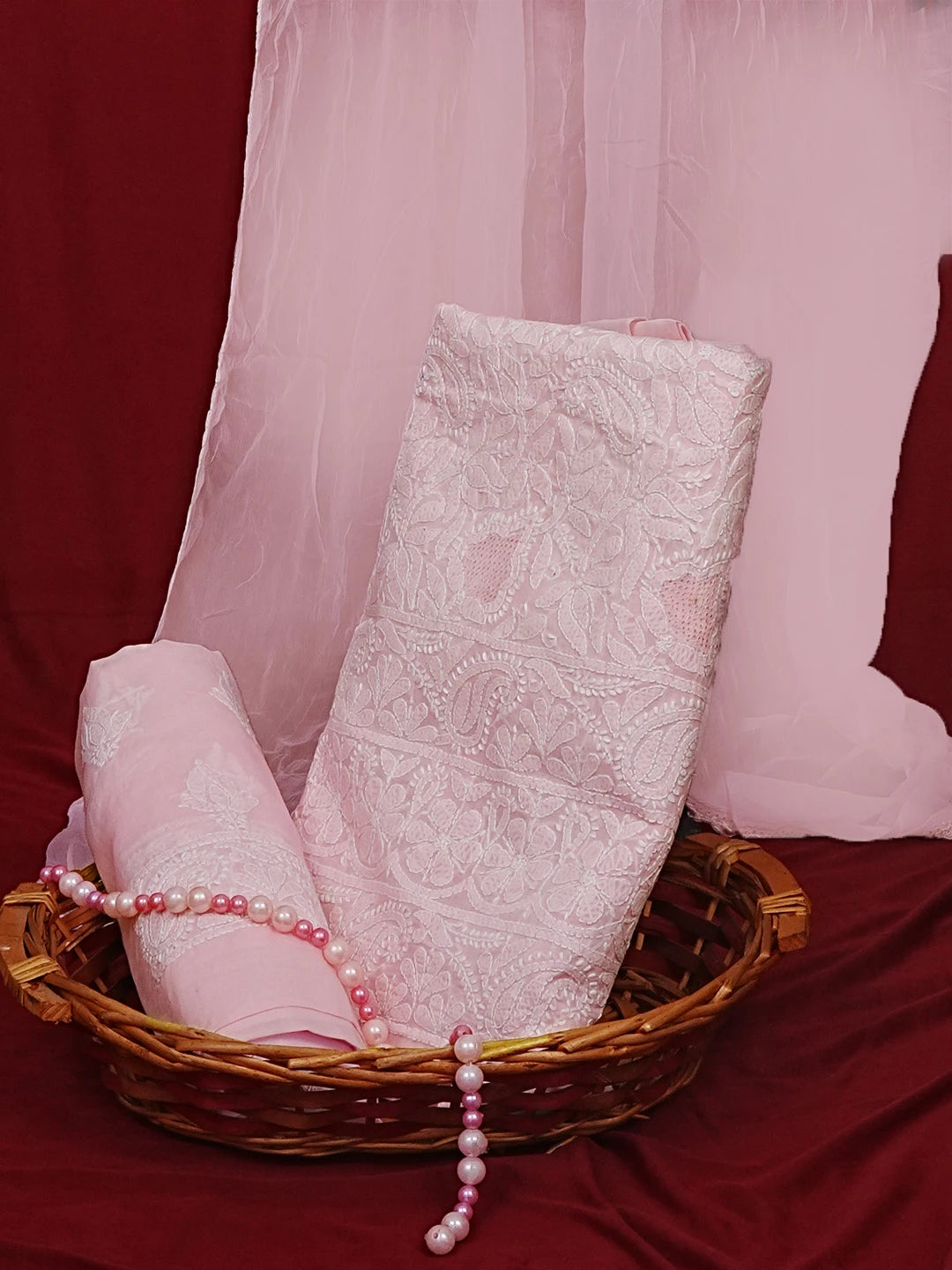 Ada Hand Embroidered Pink Cotton Lucknowi Chikankari Unstitched Suit Piece 01A550841