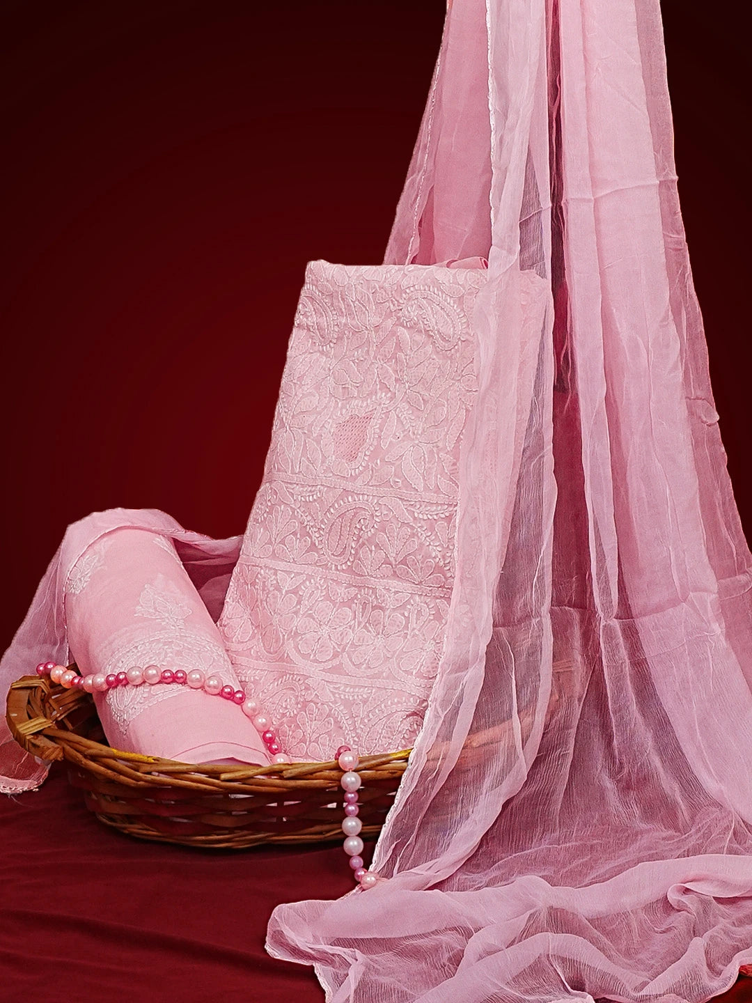 Ada Hand Embroidered Pink Cotton Lucknowi Chikankari Unstitched Suit Piece 01A550841