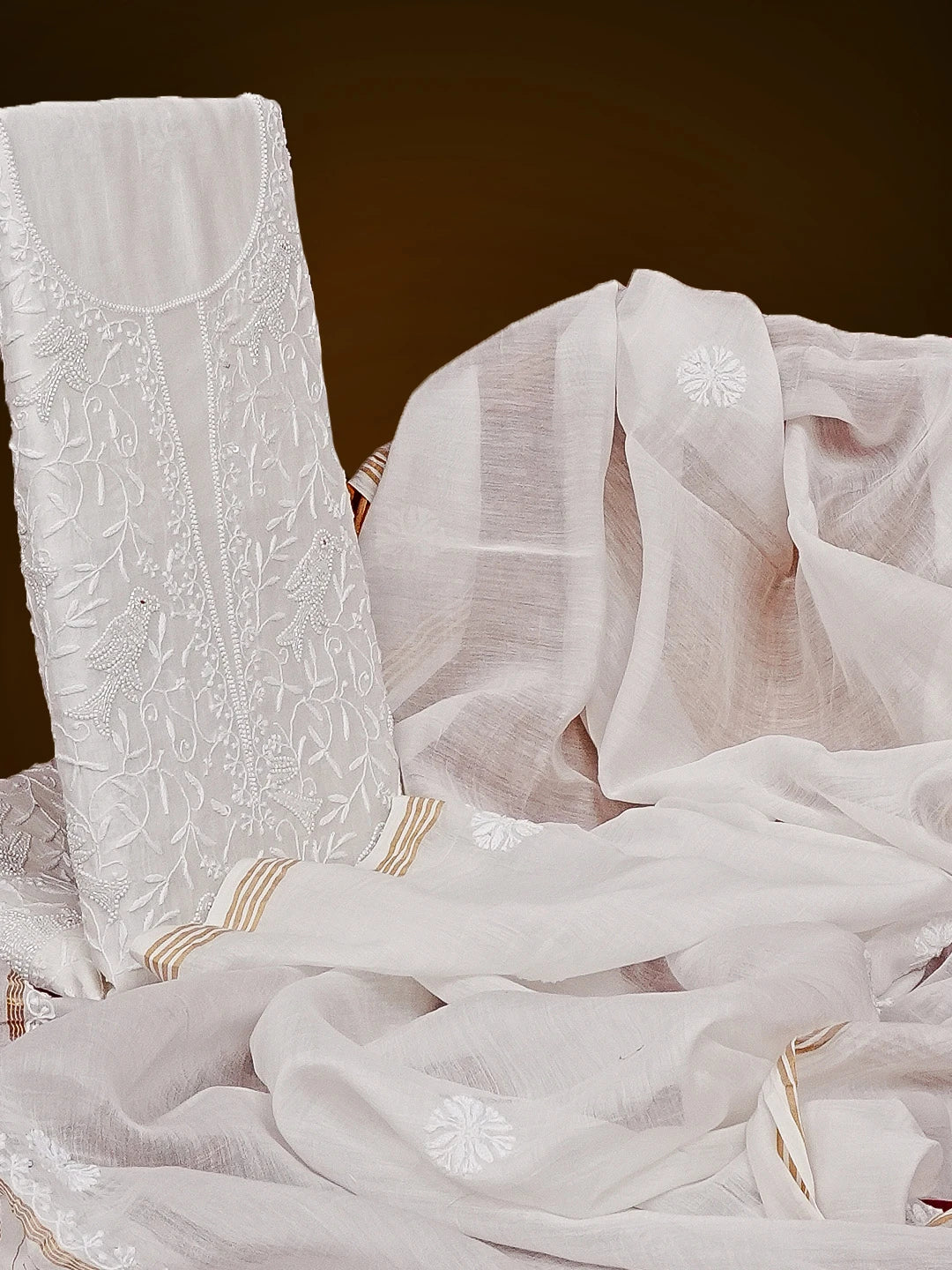 Ada Hand Embroidered Off White Chanderi Lucknowi Chikankari Unstitched Kurta Dupatta Set With Pearl Work 01A552428