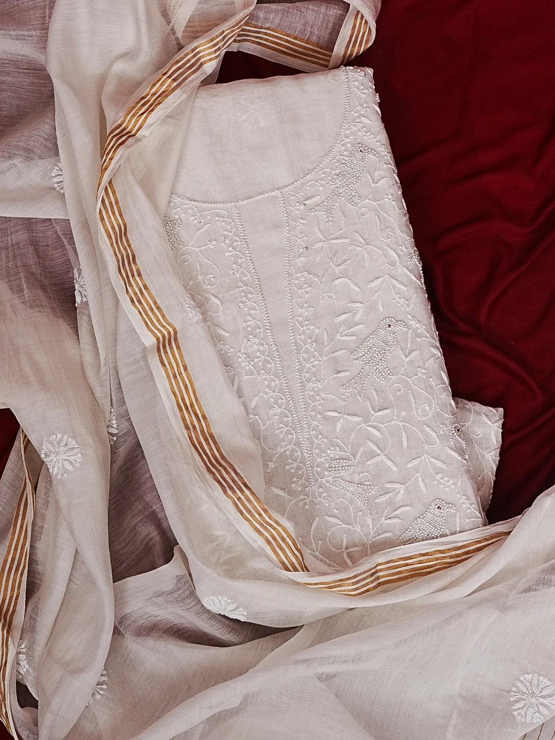 Ada Hand Embroidered Off White Chanderi Lucknowi Chikankari Unstitched Kurta Dupatta Set With Pearl Work 01A552428