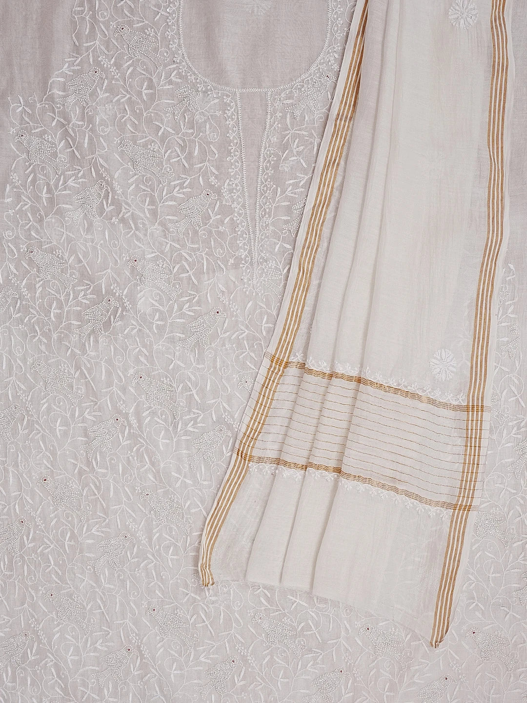 Ada Hand Embroidered Off White Chanderi Lucknowi Chikankari Unstitched Kurta Dupatta Set With Pearl Work 01A552428