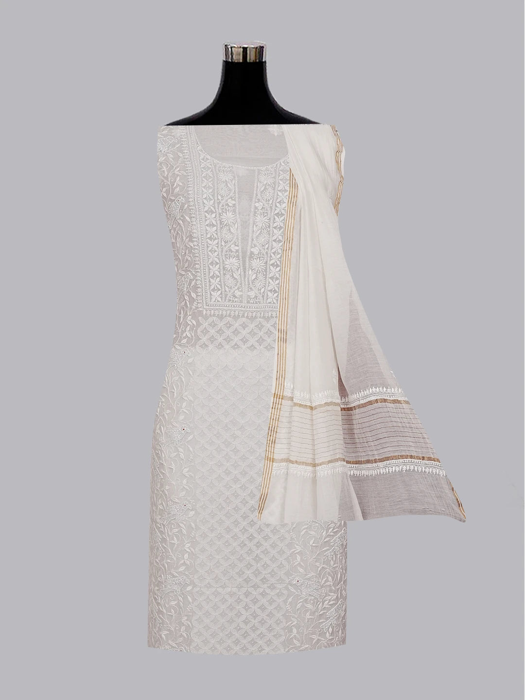 Ada Hand Embroidered Off White Chanderi Lucknowi Chikankari Unstitched Kurta Dupatta Set With Pearl Work 01A552413