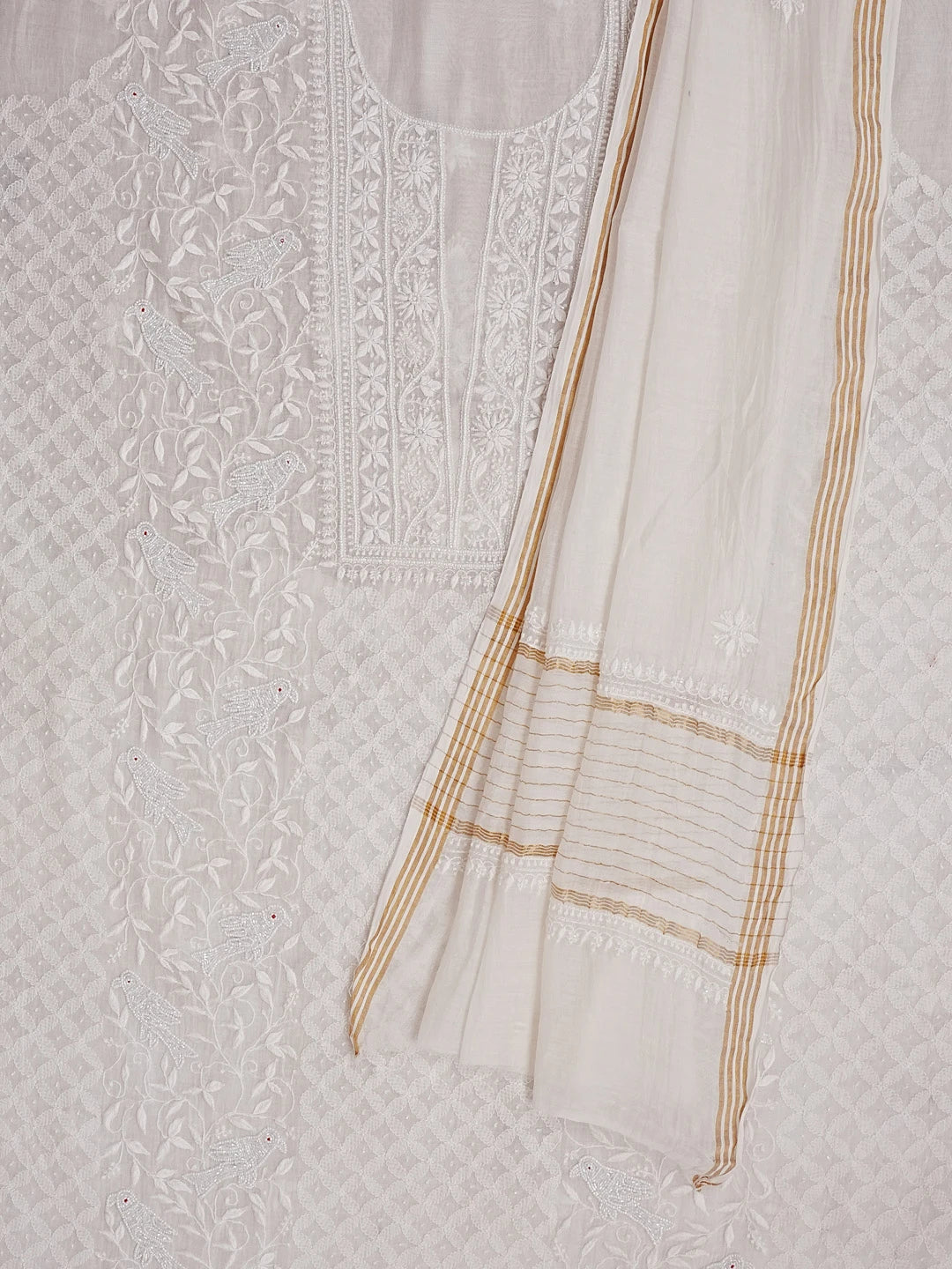 Ada Hand Embroidered Off White Chanderi Lucknowi Chikankari Unstitched Kurta Dupatta Set With Pearl Work 01A552413