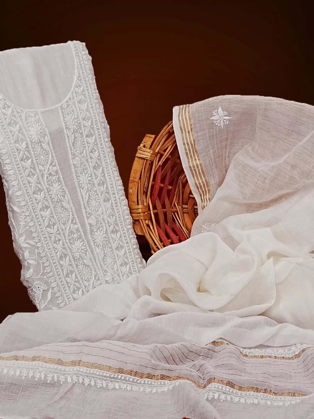 Ada Hand Embroidered Off White Chanderi Lucknowi Chikankari Unstitched Kurta Dupatta Set With Pearl Work 01A552413