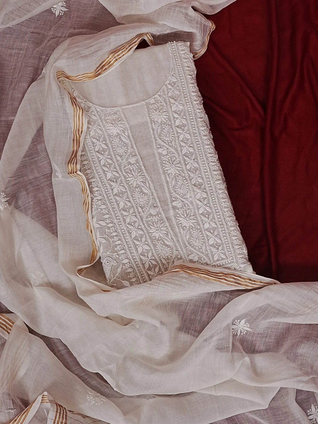 Ada Hand Embroidered Off White Chanderi Lucknowi Chikankari Unstitched Kurta Dupatta Set With Pearl Work 01A552413