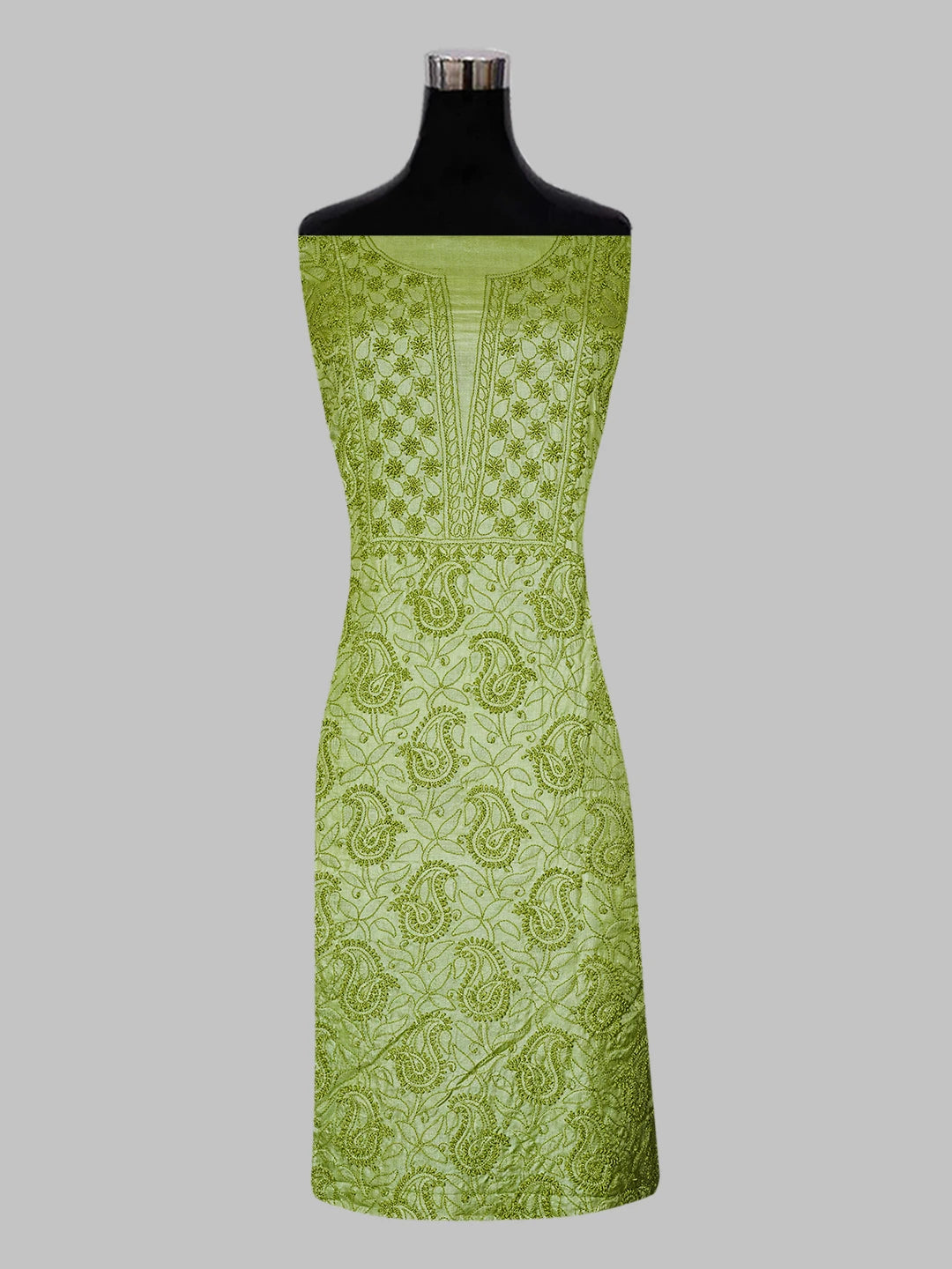 Ada Hand Embroidered Leaf Green Silk Lucknowi Chikankari Unstitched Suit Piece 01A546584