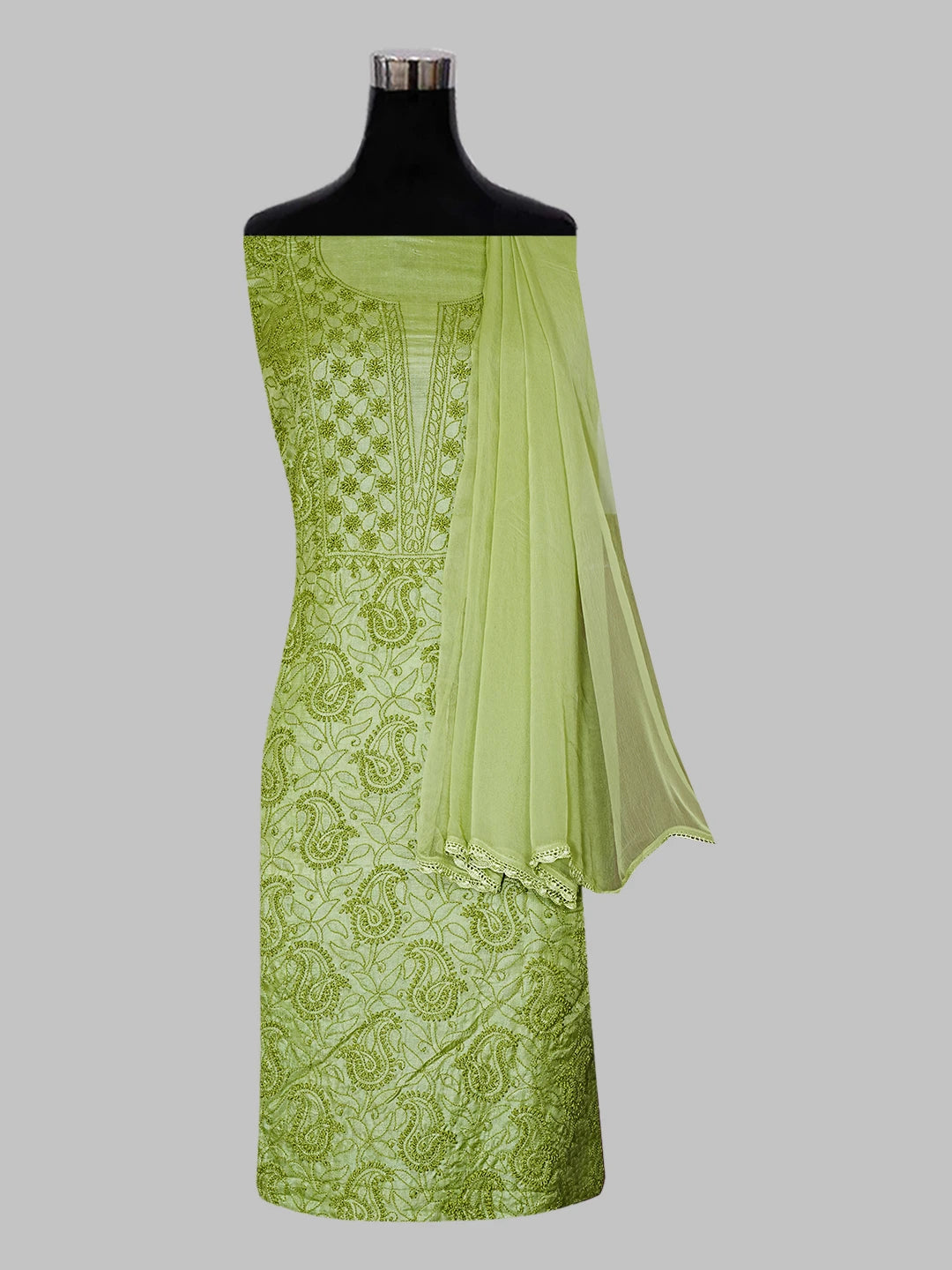 Ada Hand Embroidered Leaf Green Silk Lucknowi Chikankari Unstitched Suit Piece 01A546584