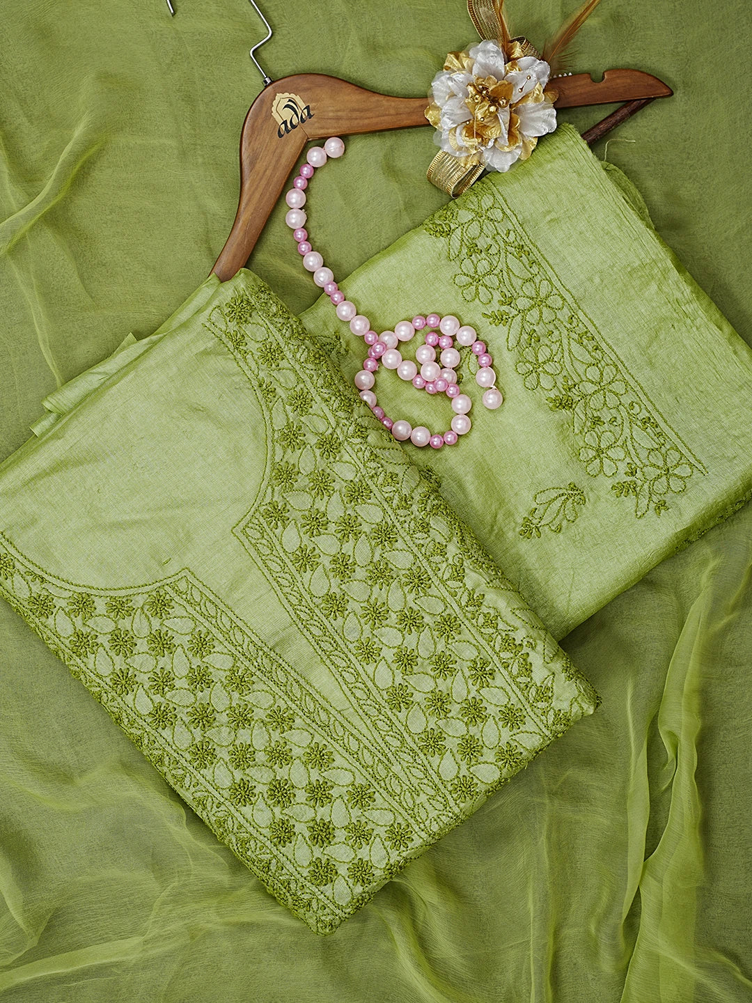 Ada Hand Embroidered Leaf Green Silk Lucknowi Chikankari Unstitched Suit Piece 01A546584