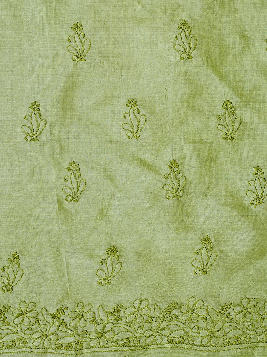Ada Hand Embroidered Leaf Green Silk Lucknowi Chikankari Unstitched Suit Piece 01A546584