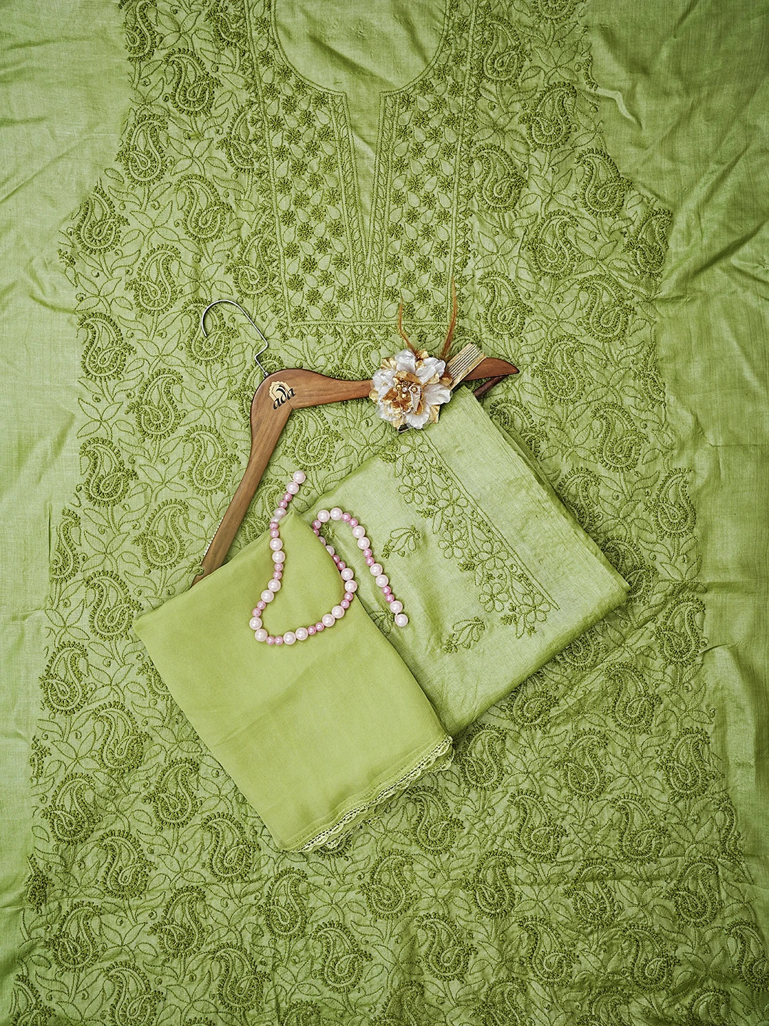 Ada Hand Embroidered Leaf Green Silk Lucknowi Chikankari Unstitched Suit Piece 01A546584