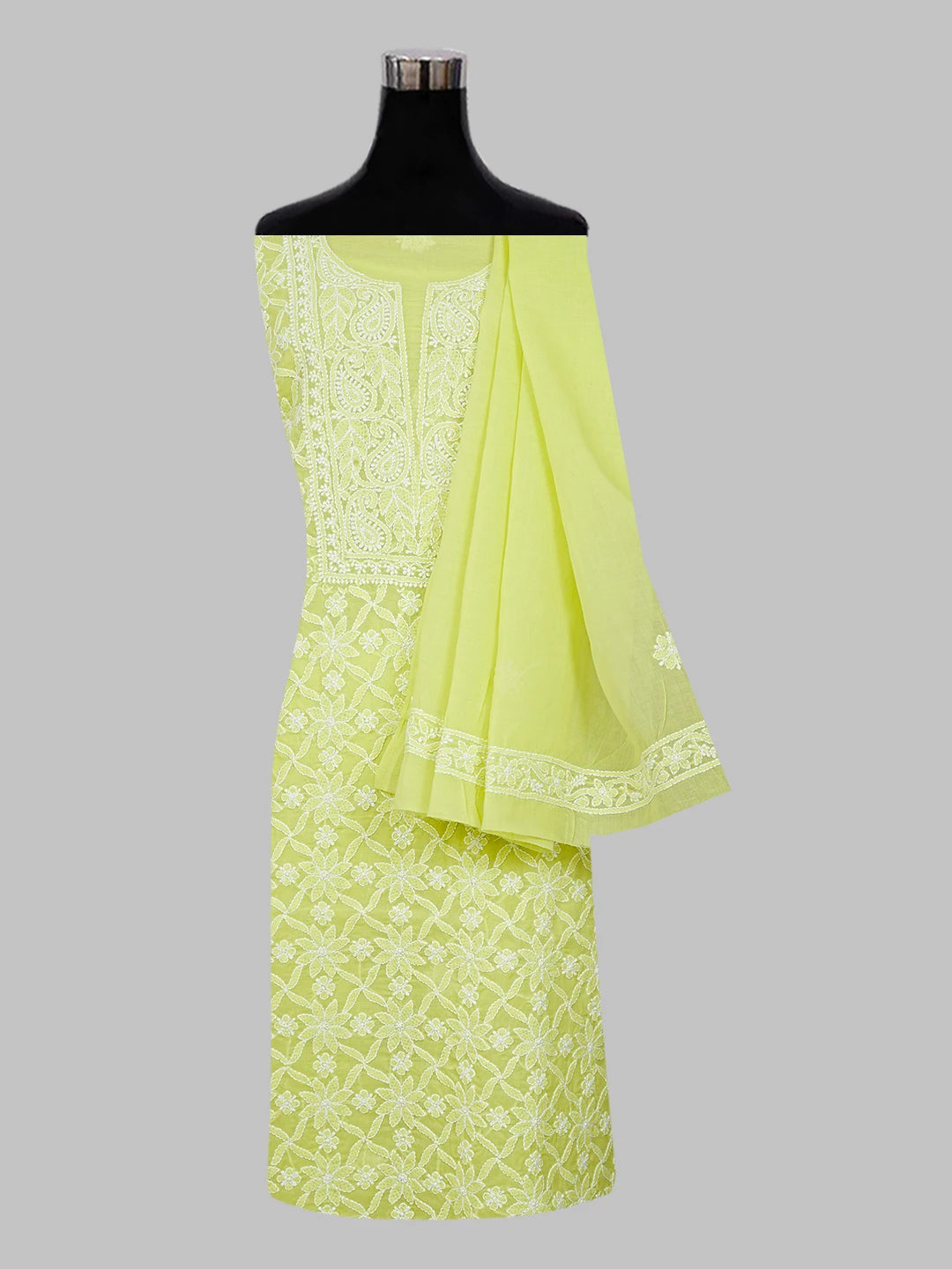 Ada Hand Embroidered Lime Green Cotton Lucknowi Chikankari Unstitched Suit Piece 01A547360