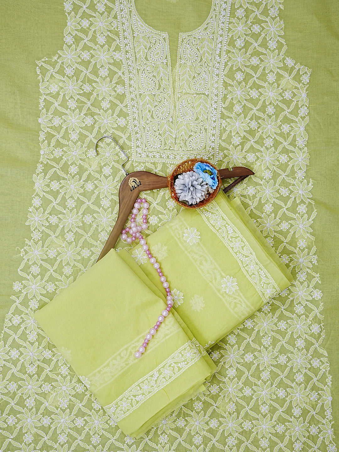 Ada Hand Embroidered Lime Green Cotton Lucknowi Chikankari Unstitched Suit Piece 01A547360