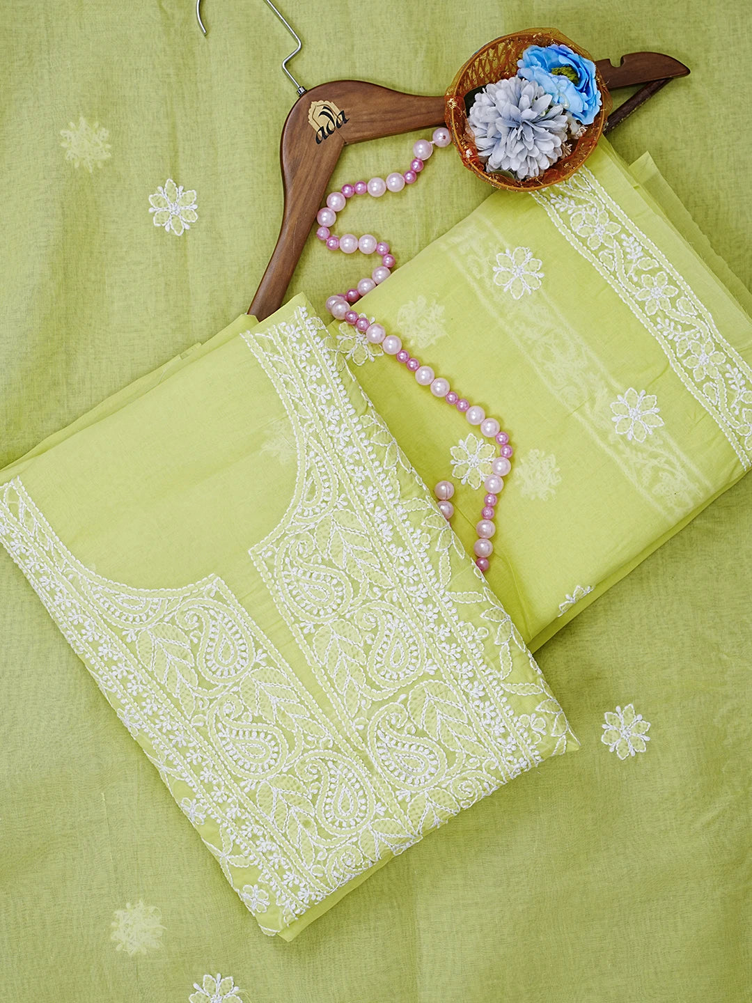 Ada Hand Embroidered Lime Green Cotton Lucknowi Chikankari Unstitched Suit Piece 01A547360
