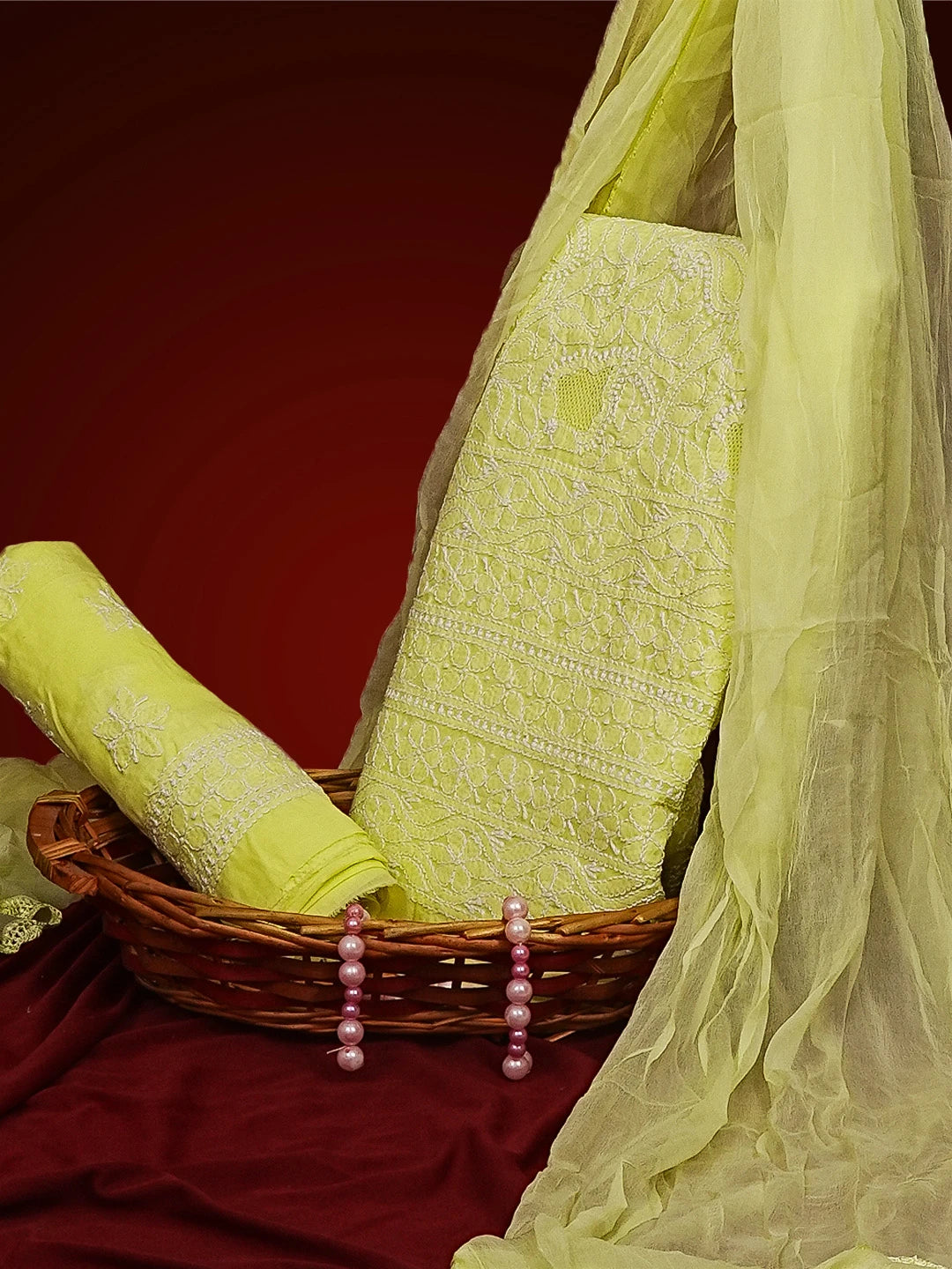 Ada Hand Embroidered Lemon Cotton Lucknowi Chikankari Unstitched Suit Piece 01A550846