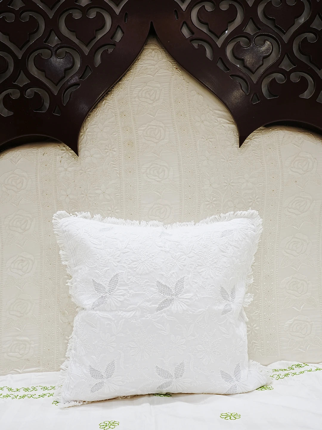 Ada Hand Embroidered White Cotton Lucknowi Chikankari Cushion Cover 01A502896