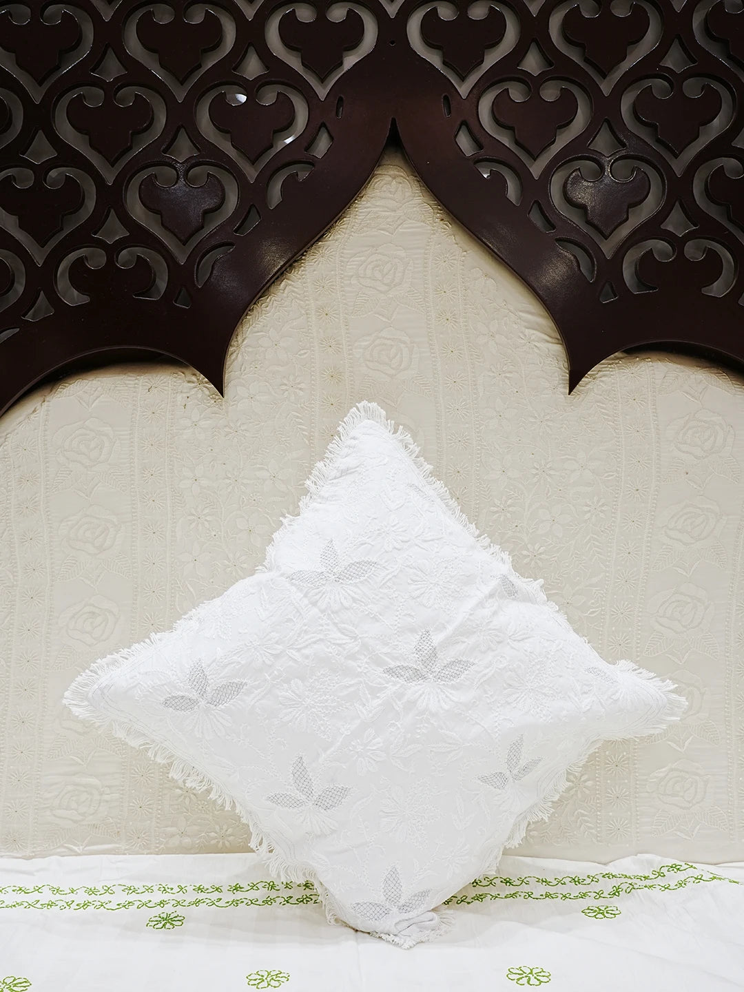 Ada Hand Embroidered White Cotton Lucknowi Chikankari Cushion Cover 01A502896