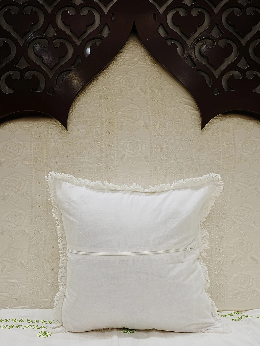 Ada Hand Embroidered White Cotton Lucknowi Chikankari Cushion Cover with Zari Work 01A546775