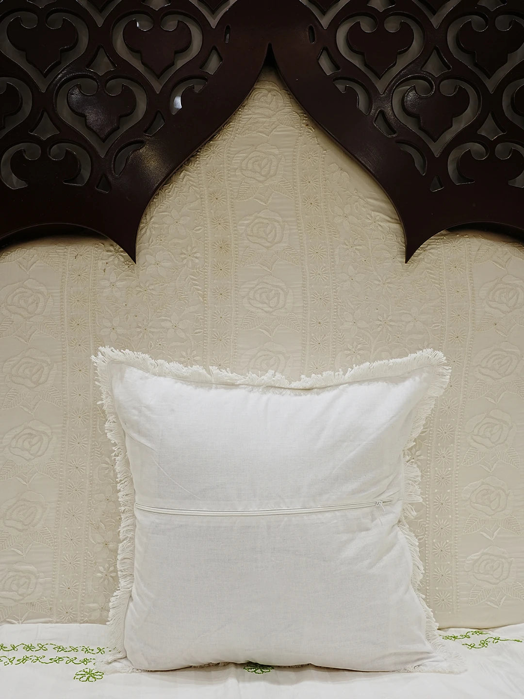Ada Hand Embroidered White Cotton Lucknowi Chikankari Cushion Cover with Zari Work 01A546775