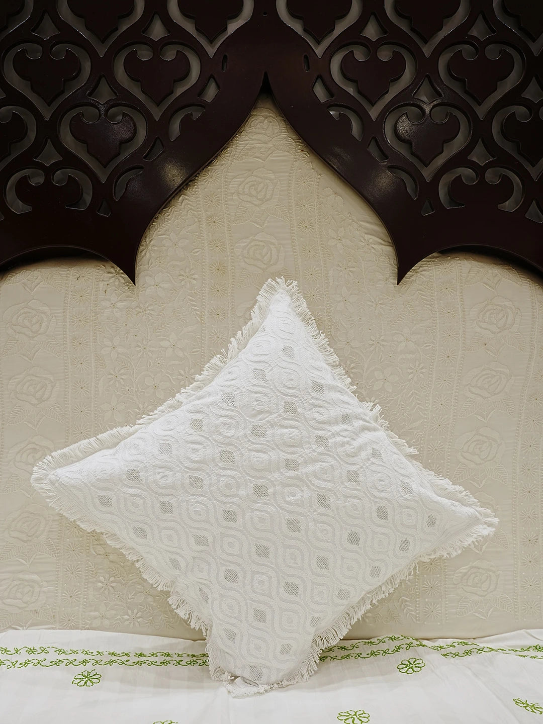 Ada Hand Embroidered White Cotton Lucknowi Chikankari Cushion Cover with Zari Work 01A546775
