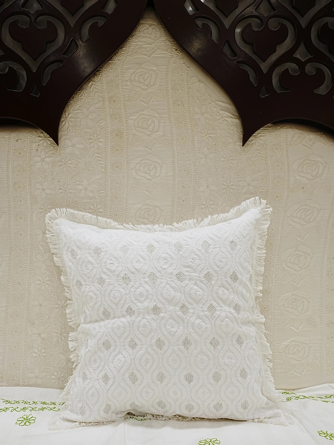 Ada Hand Embroidered White Cotton Lucknowi Chikankari Cushion Cover with Zari Work 01A546775
