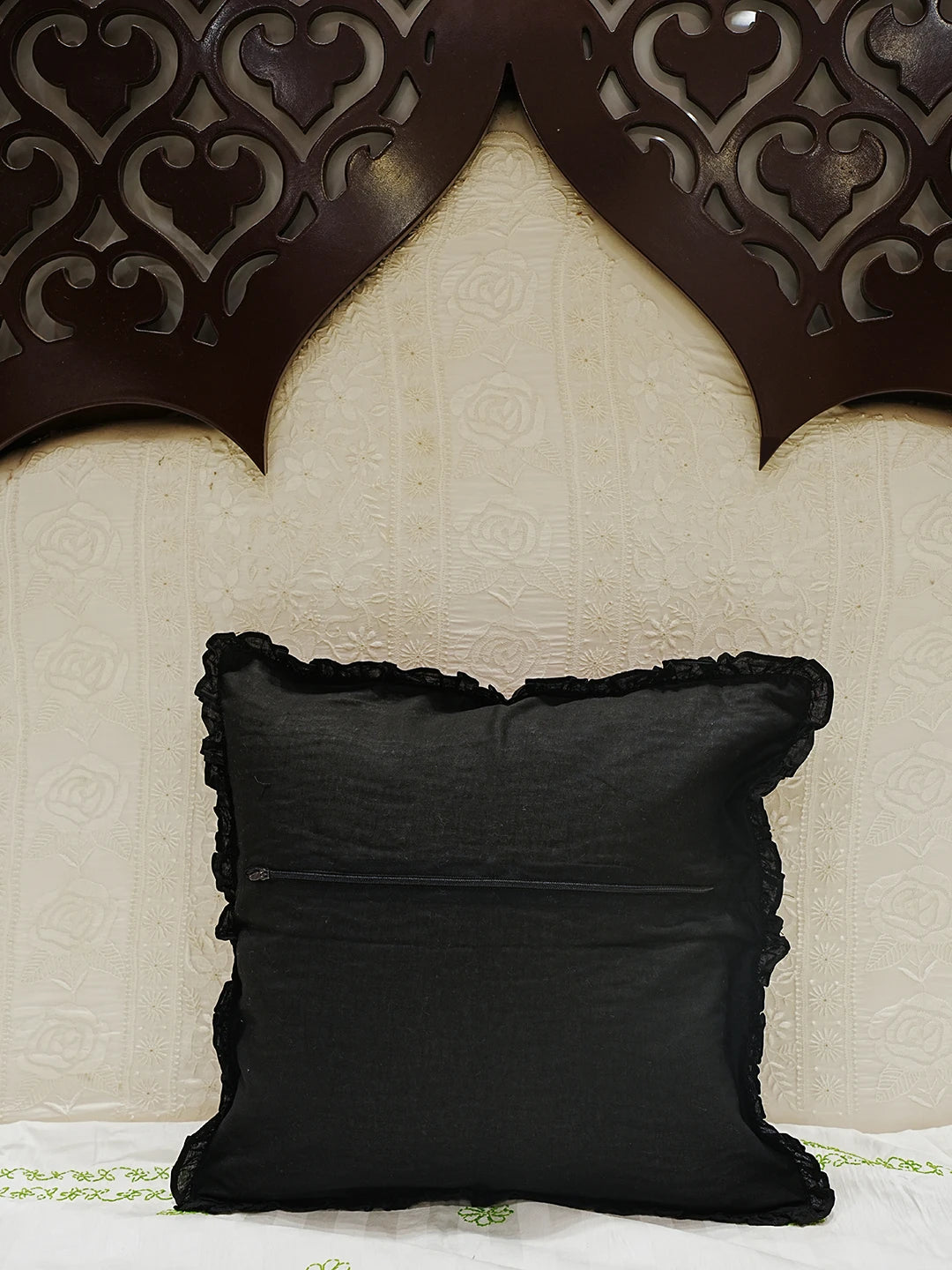 Ada Hand Embroidered Black Cotton Lucknowi Chikankari Cushion Cover 01A526827