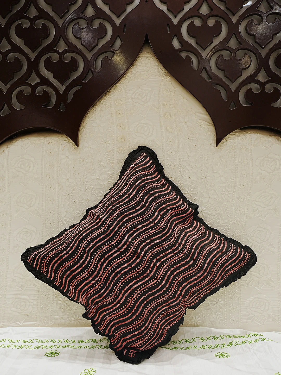 Ada Hand Embroidered Black Cotton Lucknowi Chikankari Cushion Cover 01A526827