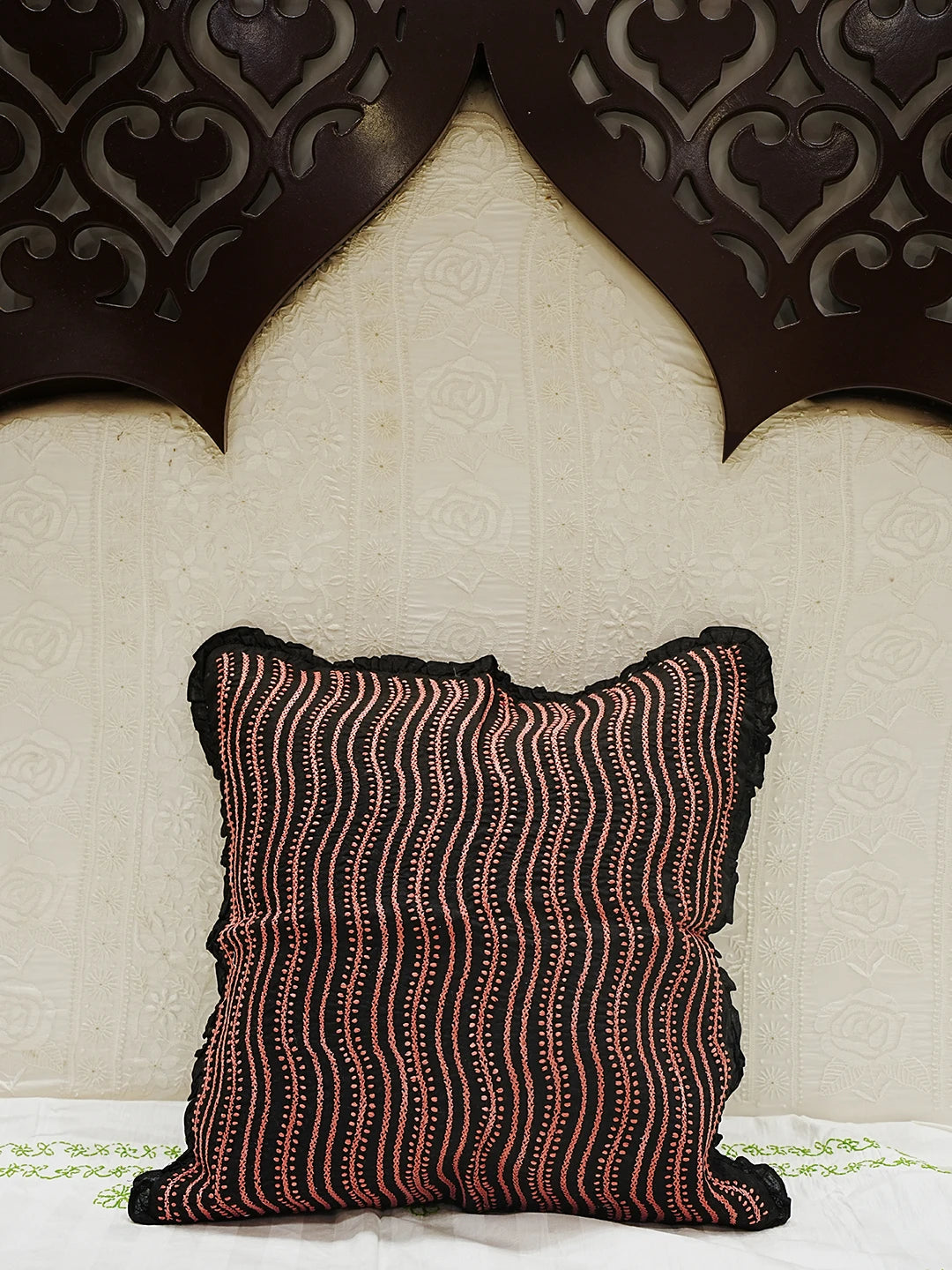 Ada Hand Embroidered Black Cotton Lucknowi Chikankari Cushion Cover 01A526827