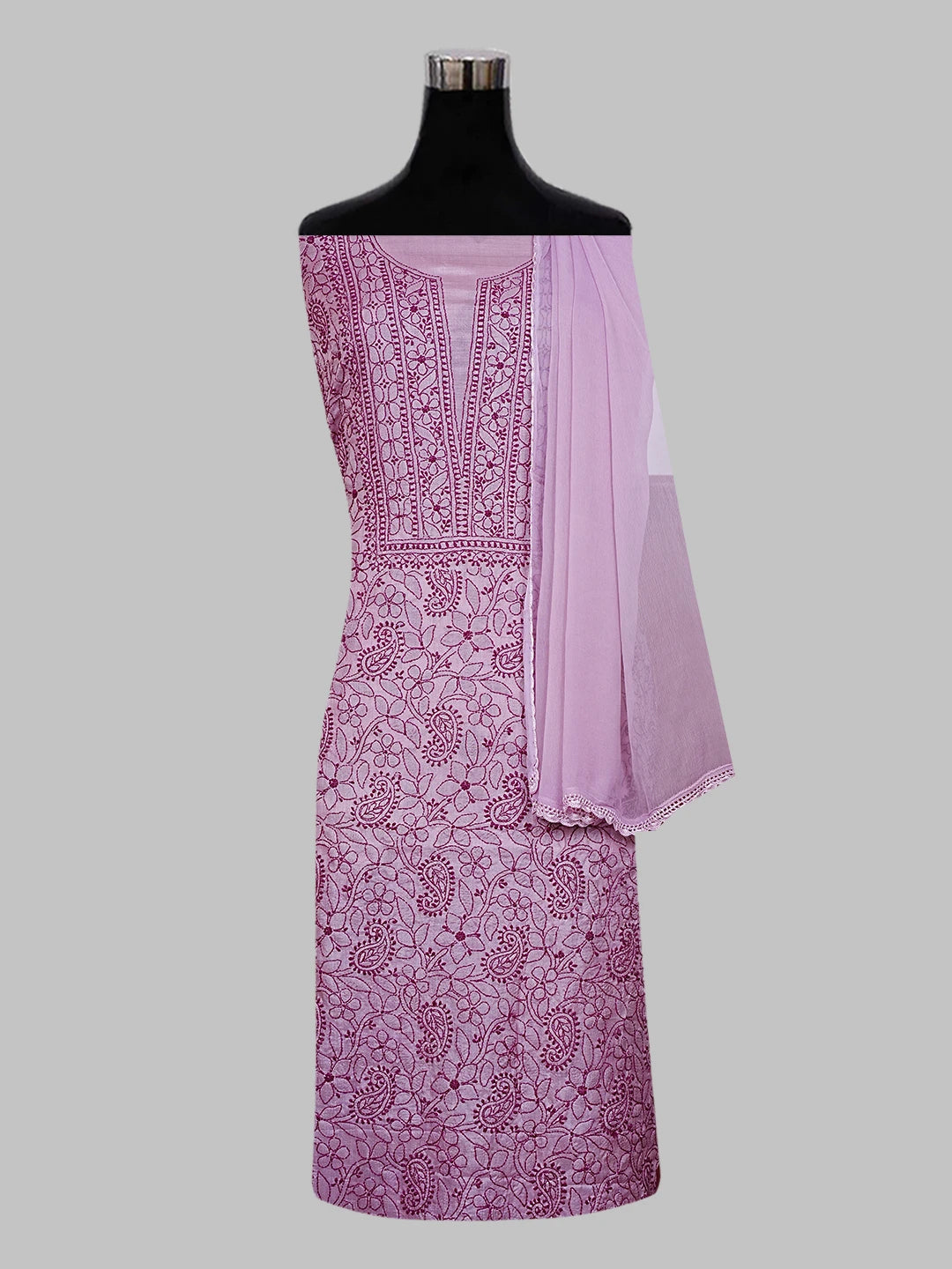 Ada Hand Embroidered Heather Mauve Silk Lucknowi Chikankari Unstitched Suit Piece 01A546607