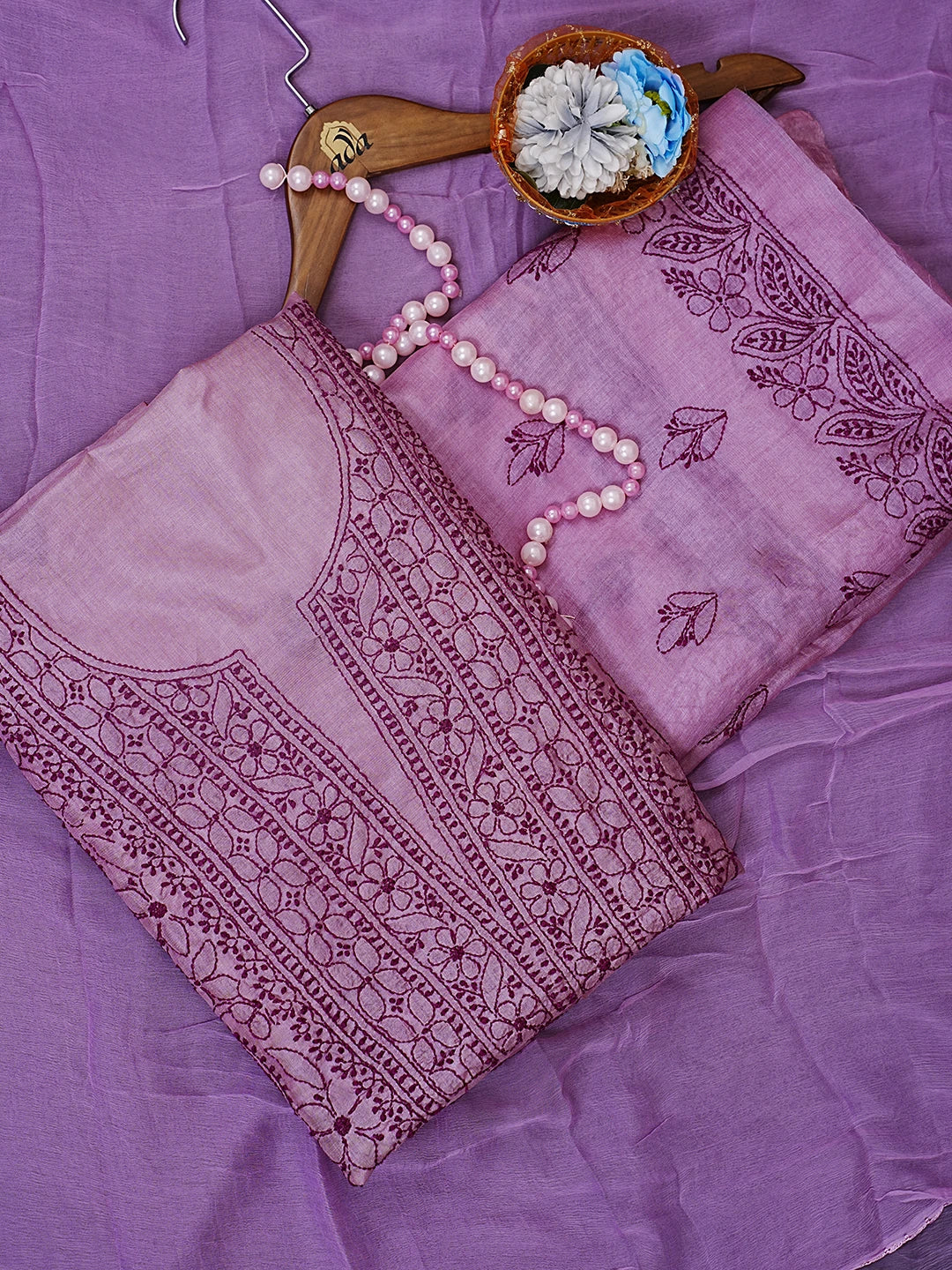 Ada Hand Embroidered Heather Mauve Silk Lucknowi Chikankari Unstitched Suit Piece 01A546607