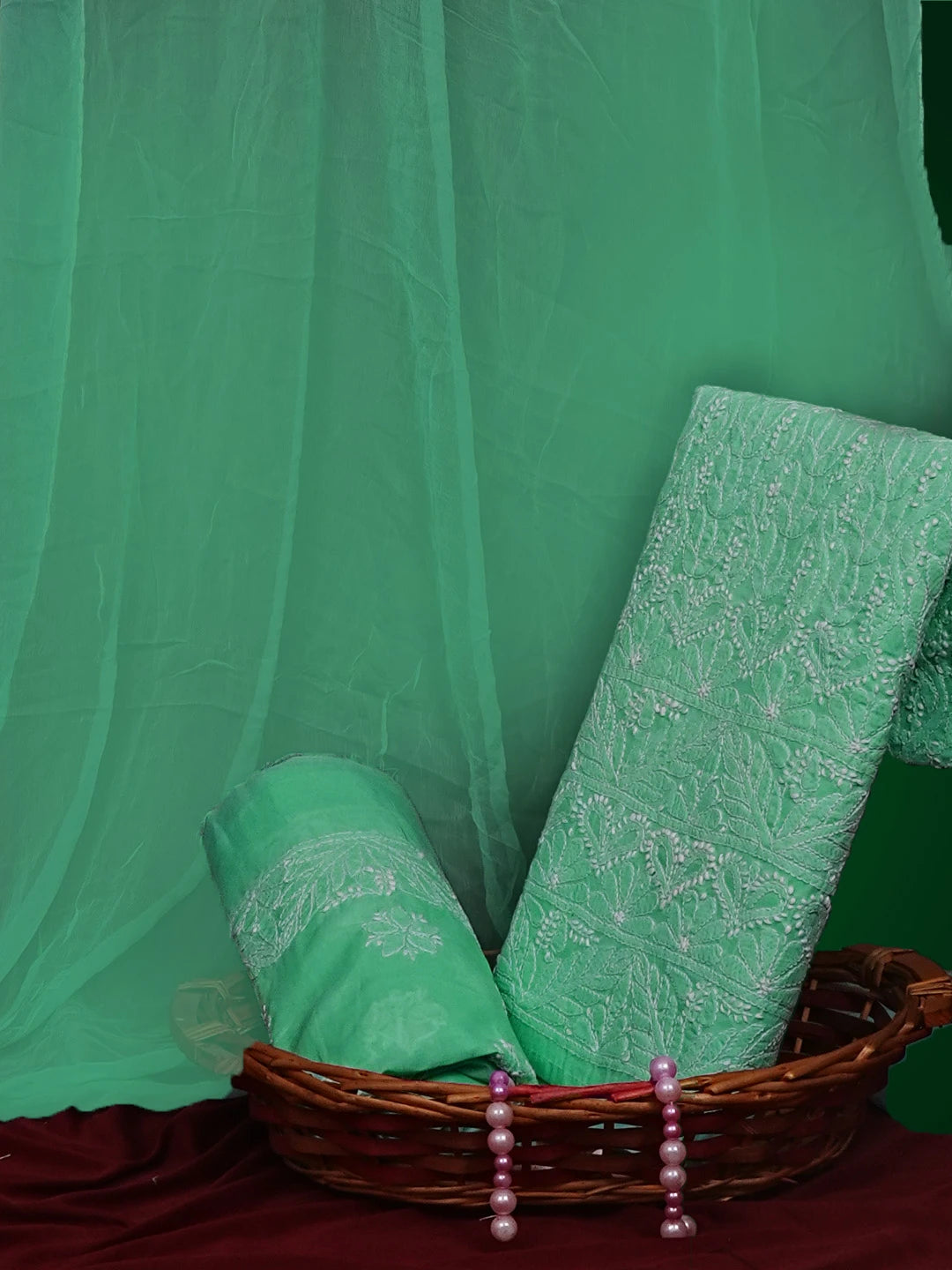 Ada Hand Embroidered Sea Green Cotton Lucknowi Chikankari Unstitched Suit Piece 01A550833