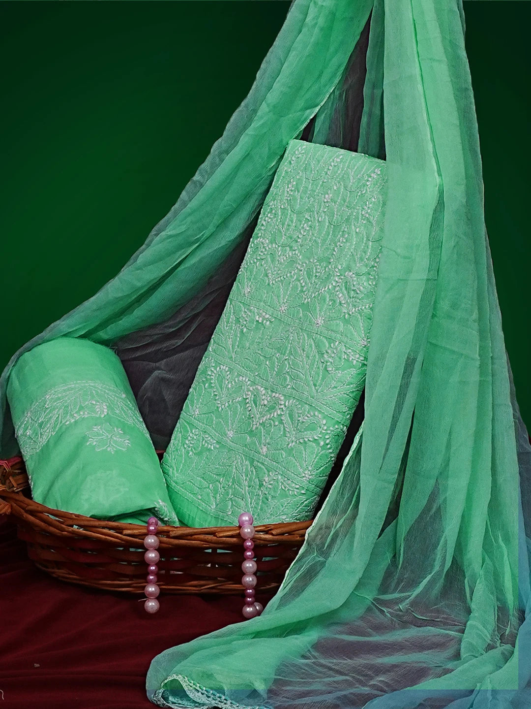 Ada Hand Embroidered Sea Green Cotton Lucknowi Chikankari Unstitched Suit Piece 01A550833
