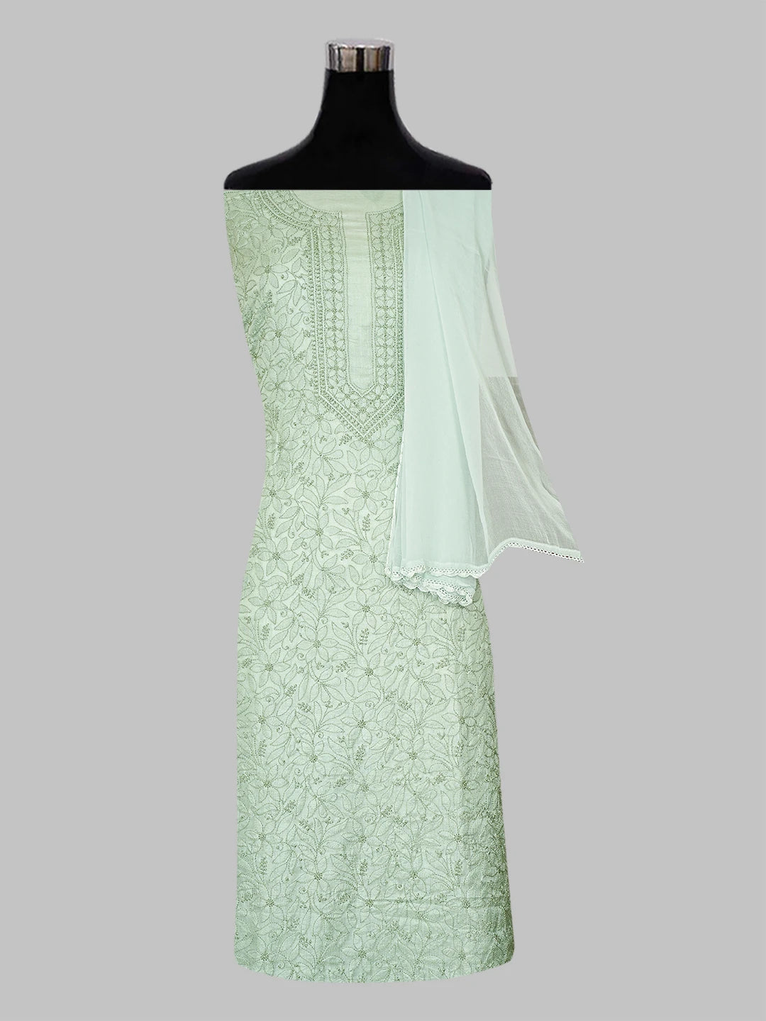 Ada Hand Embroidered LIght Pista Green Silk Lucknowi Chikankari Unstitched Suit Piece 01A546589