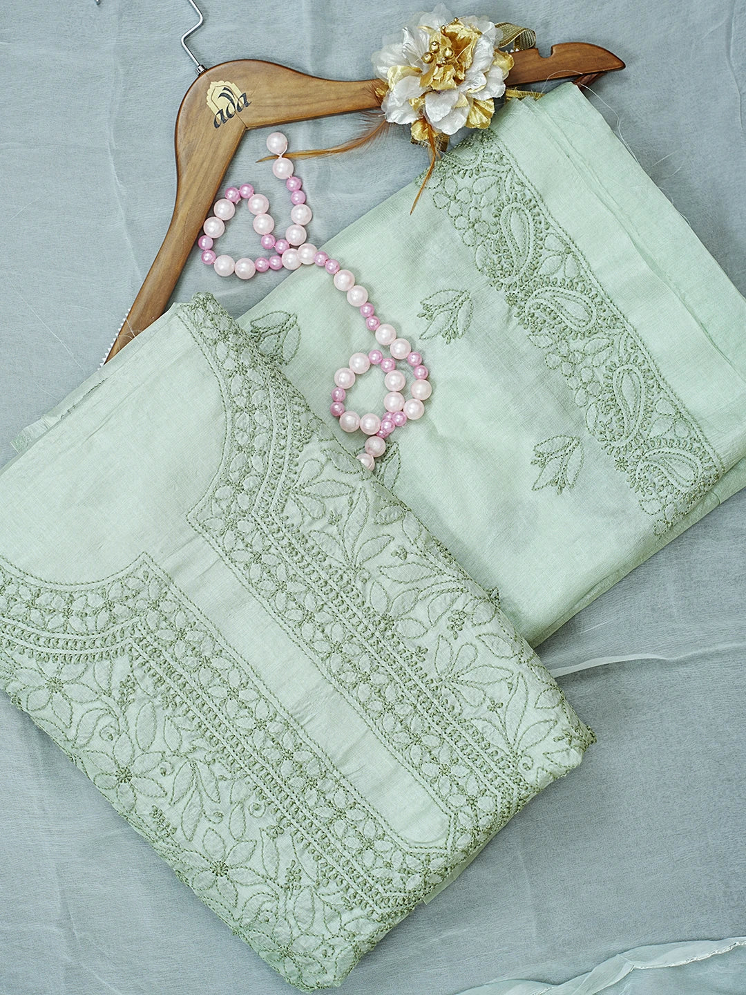 Ada Hand Embroidered LIght Pista Green Silk Lucknowi Chikankari Unstitched Suit Piece 01A546589
