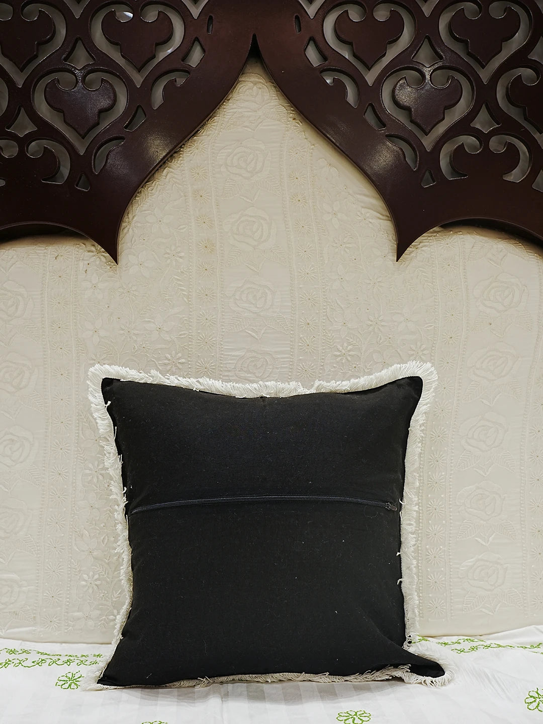 Ada Hand Embroidered Black Cotton Lucknowi Chikankari Cushion Cover With Zari Work 01A503025