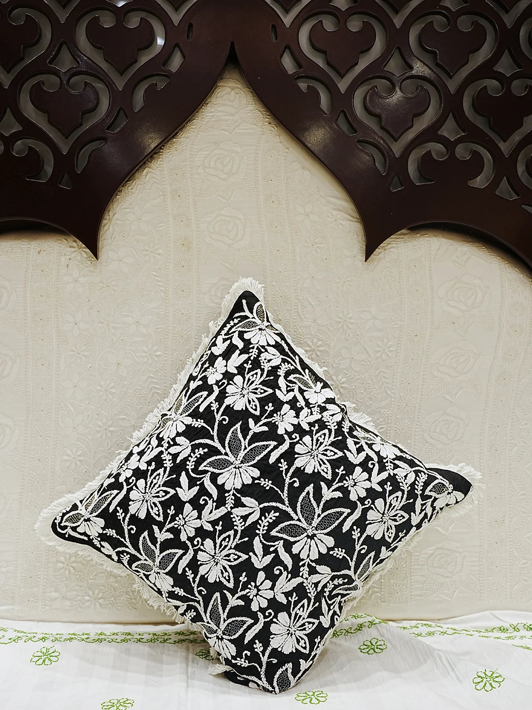 Ada Hand Embroidered Black Cotton Lucknowi Chikankari Cushion Cover With Zari Work 01A503025