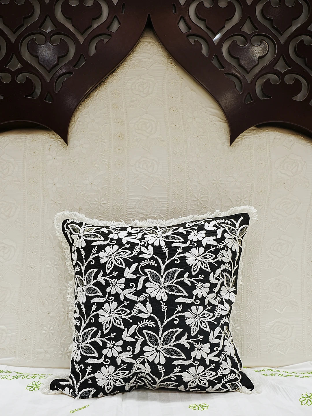 Ada Hand Embroidered Black Cotton Lucknowi Chikankari Cushion Cover With Zari Work 01A503025