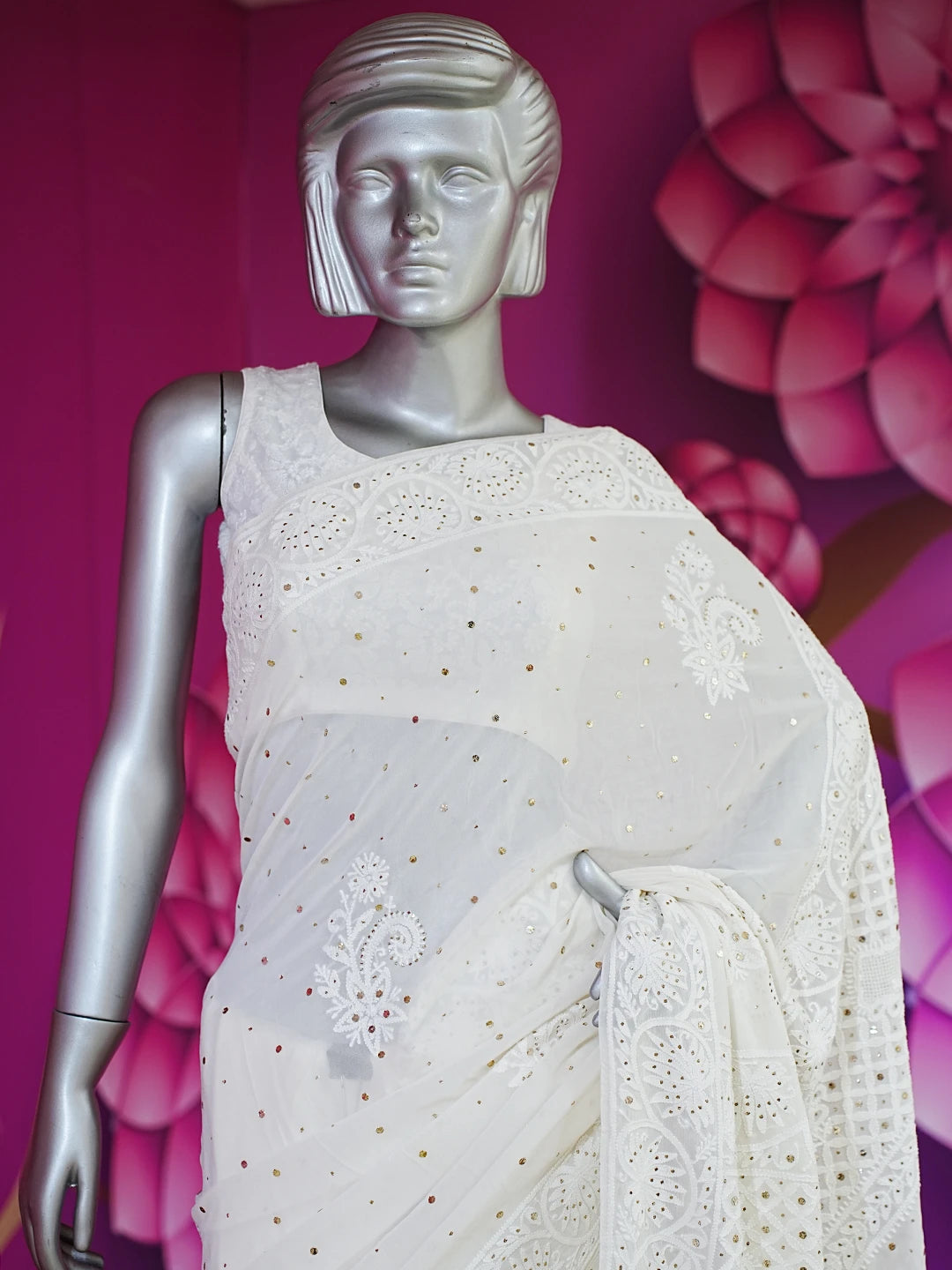 Ada Hand Embroidered Off White Pure Georgette Lucknowi Chikankari Saree/Blouse with Muqaish Work 01A449577