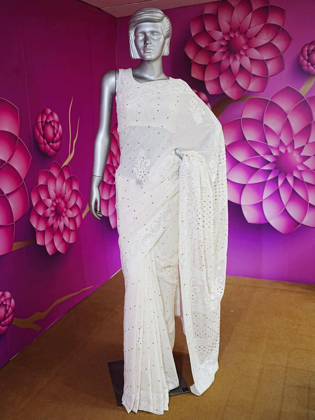 Ada Hand Embroidered Off White Pure Georgette Lucknowi Chikankari Saree/Blouse with Muqaish Work 01A449577