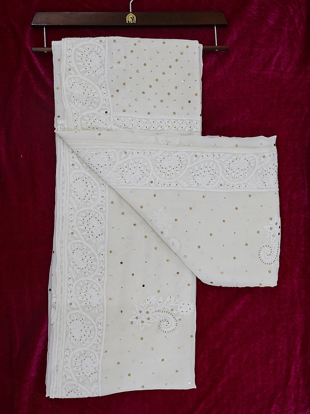 Ada Hand Embroidered Off White Pure Georgette Lucknowi Chikankari Saree/Blouse with Muqaish Work 01A449577
