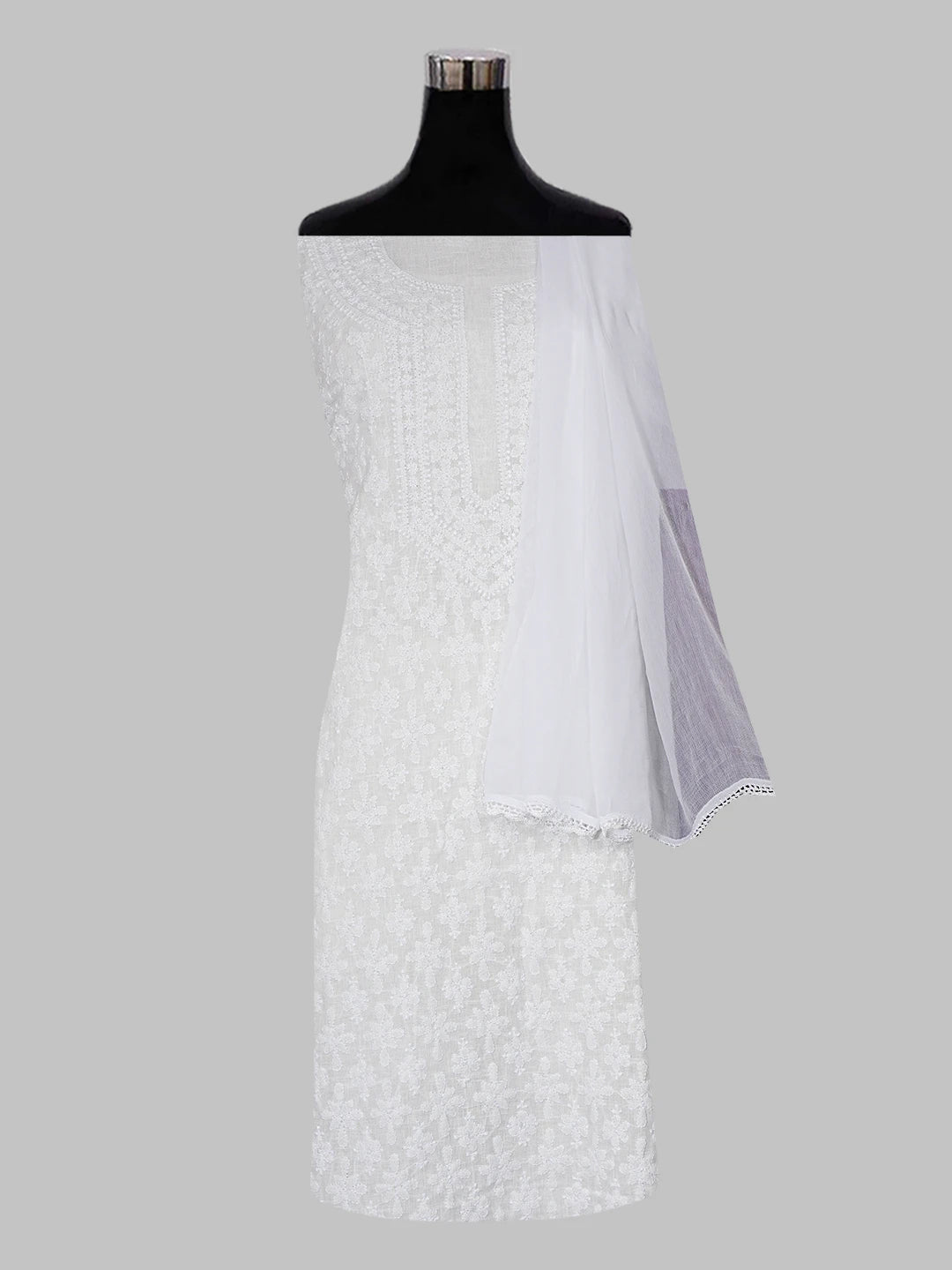 Ada Hand Embroidered White Linen Lucknowi Chikankari Unstitched Suit Piece 01A547368