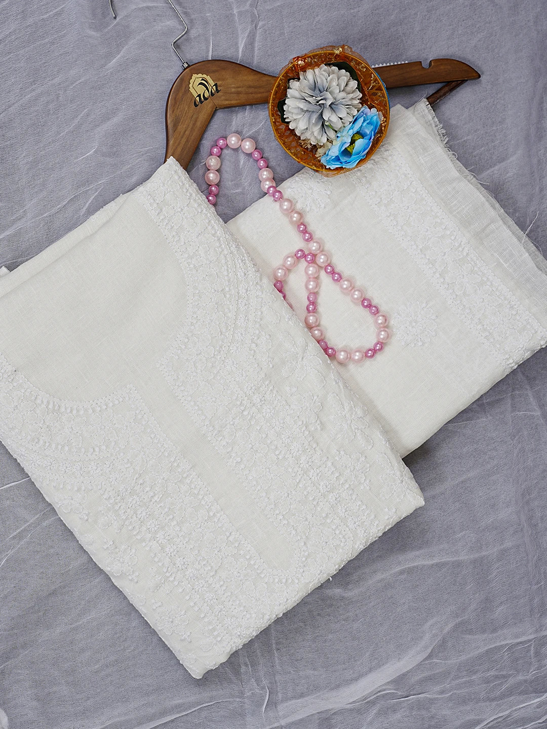 Ada Hand Embroidered White Linen Lucknowi Chikankari Unstitched Suit Piece 01A547368