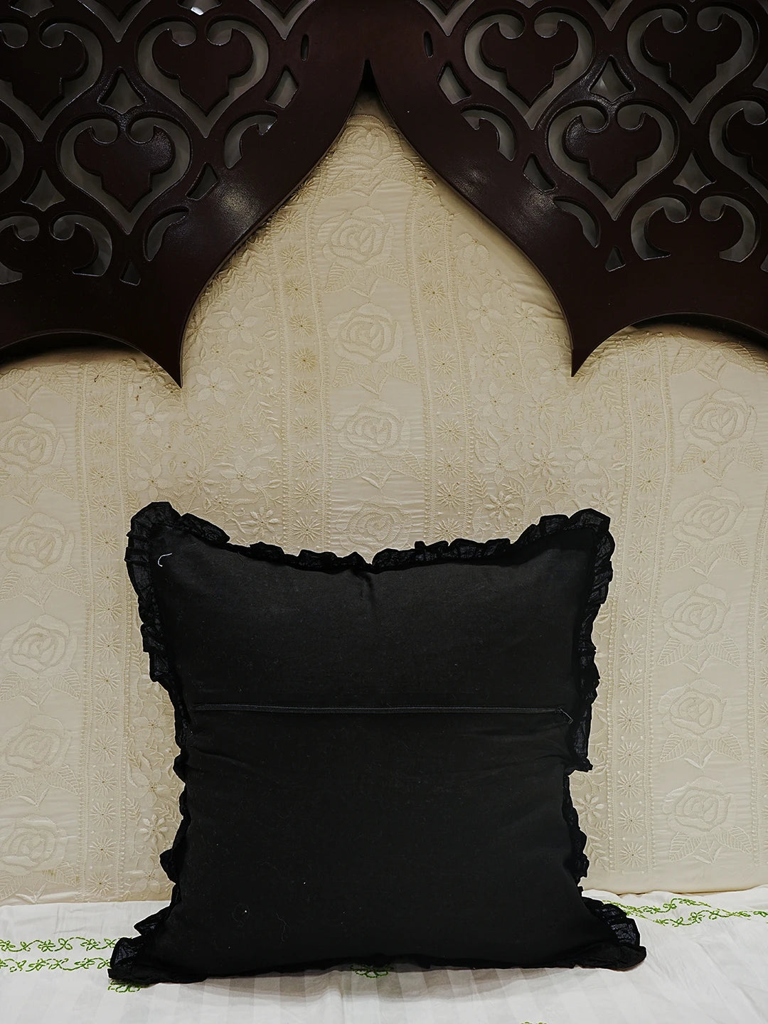 Ada Hand Embroidered Black Cotton Lucknowi Chikankari Cushion Cover 01A501174