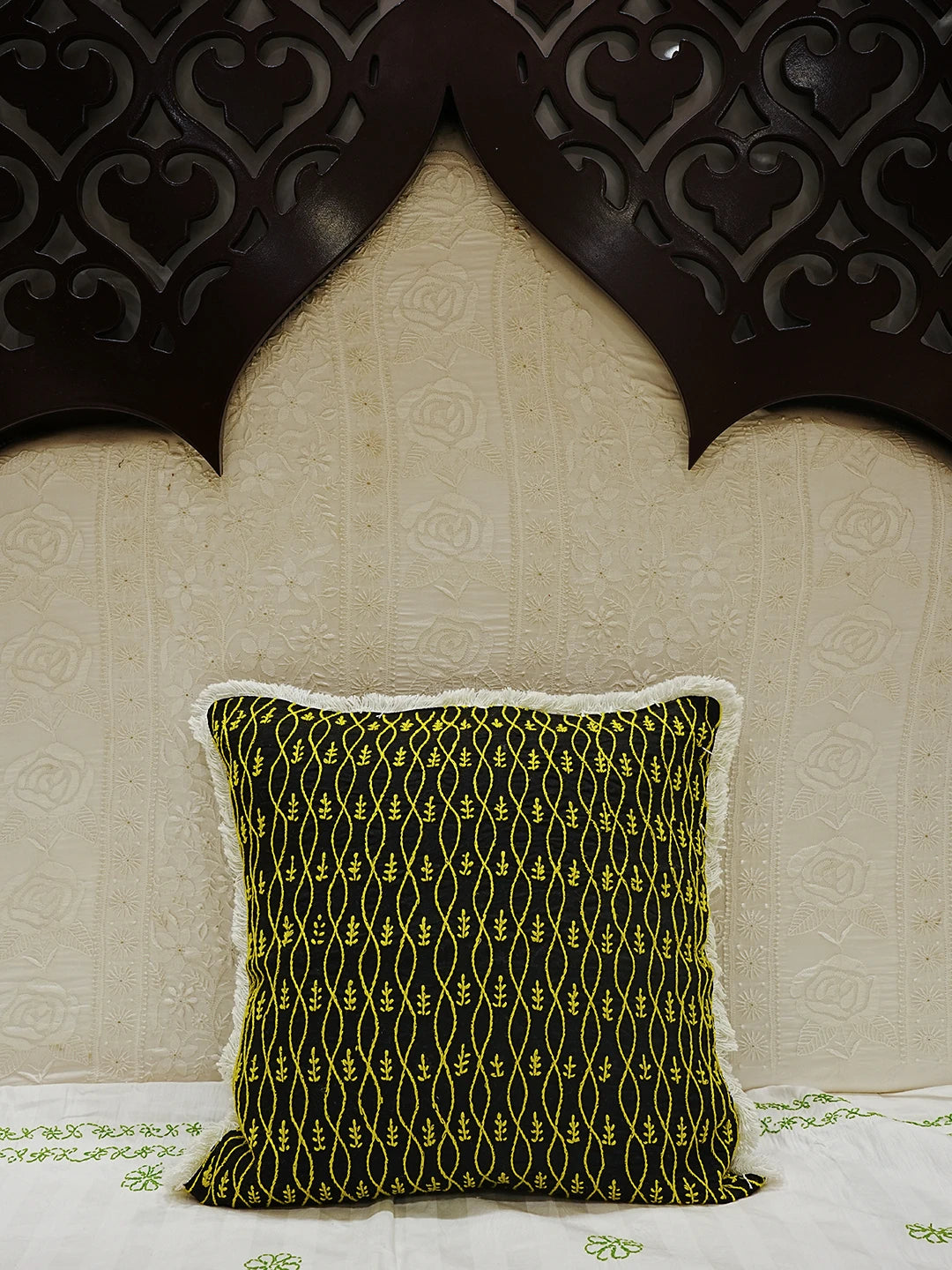 Ada Hand Embroidered Black Cotton Lucknowi Chikankari Cushion Cover 01A501174