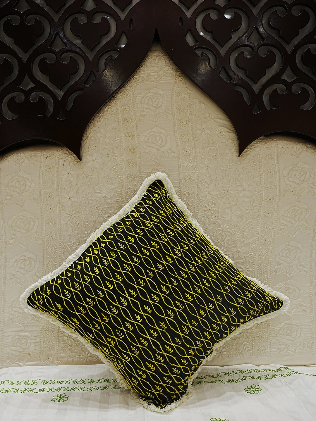 Ada Hand Embroidered Black Cotton Lucknowi Chikankari Cushion Cover 01A501174