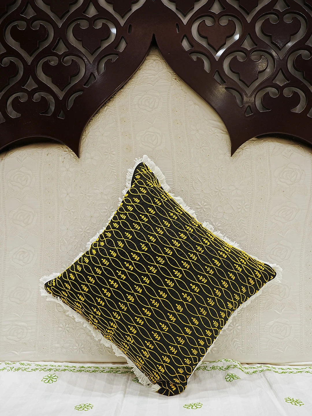 Ada Hand Embroidered Black Cotton Lucknowi Chikankari Cushion Cover 01A501237