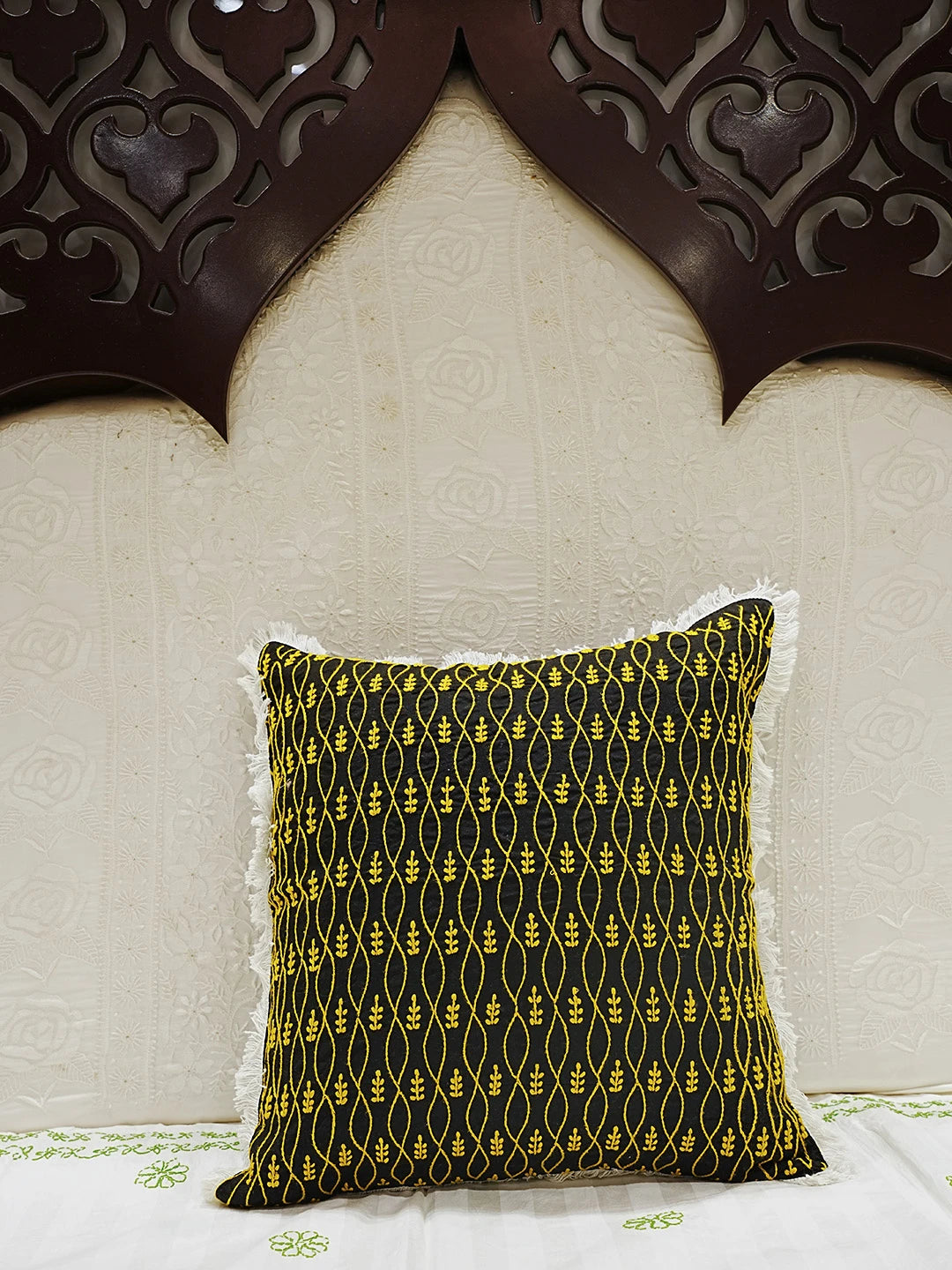 Ada Hand Embroidered Black Cotton Lucknowi Chikankari Cushion Cover 01A501237