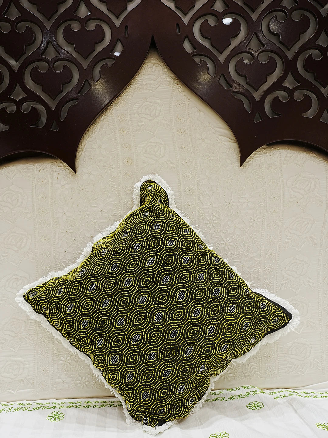 Ada Hand Embroidered Black Cotton Lucknowi Chikankari Cushion Cover With Zari Work 01A527352
