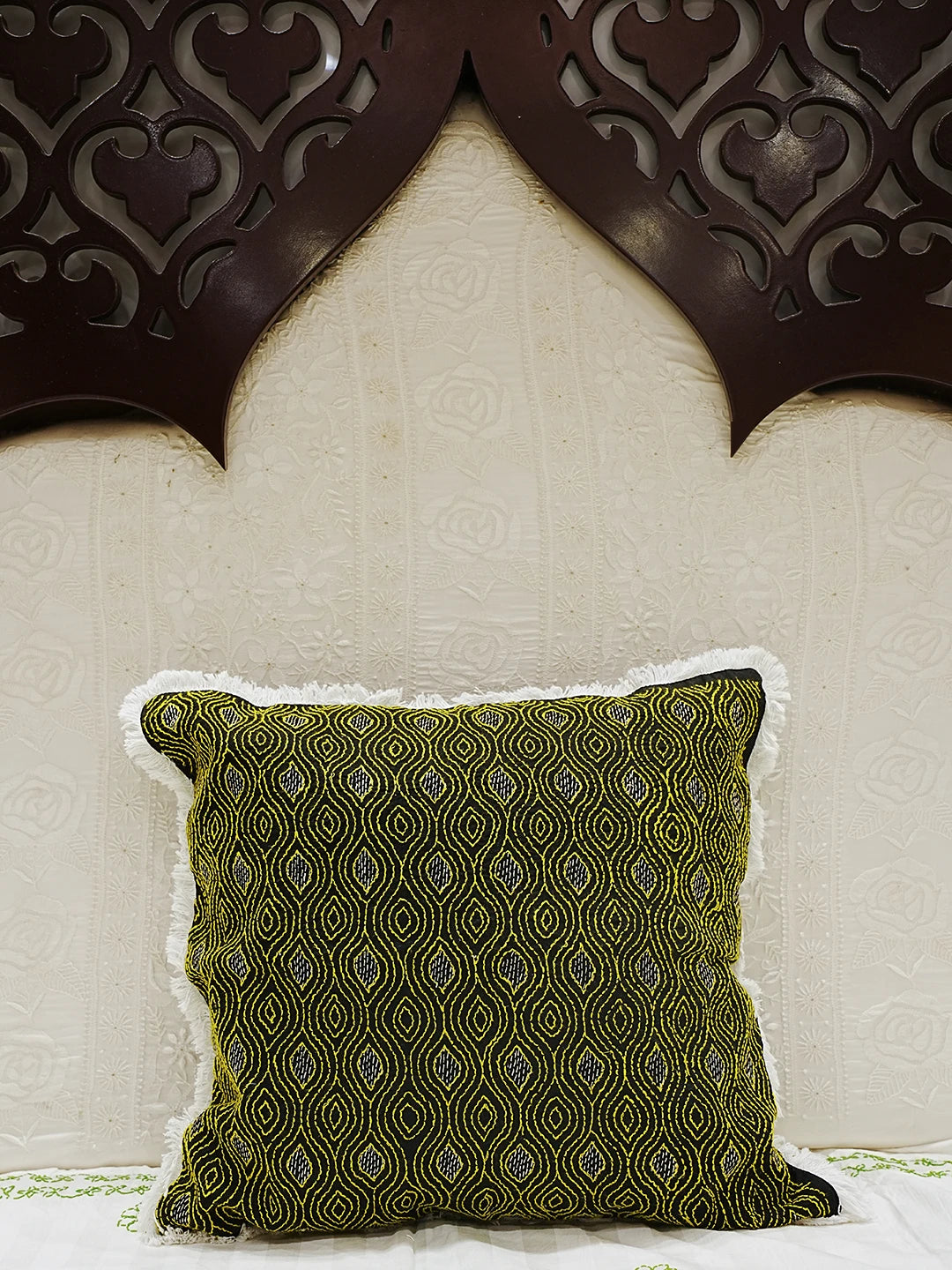 Ada Hand Embroidered Black Cotton Lucknowi Chikankari Cushion Cover With Zari Work 01A527352