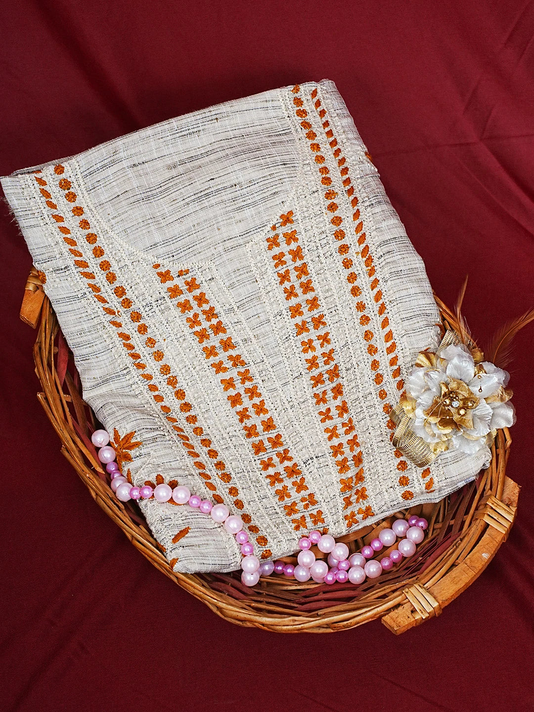Ada Hand Embroidered Fawn Khadi Lucknowi Chikankari Unstitched Kurta Piece 01A349234