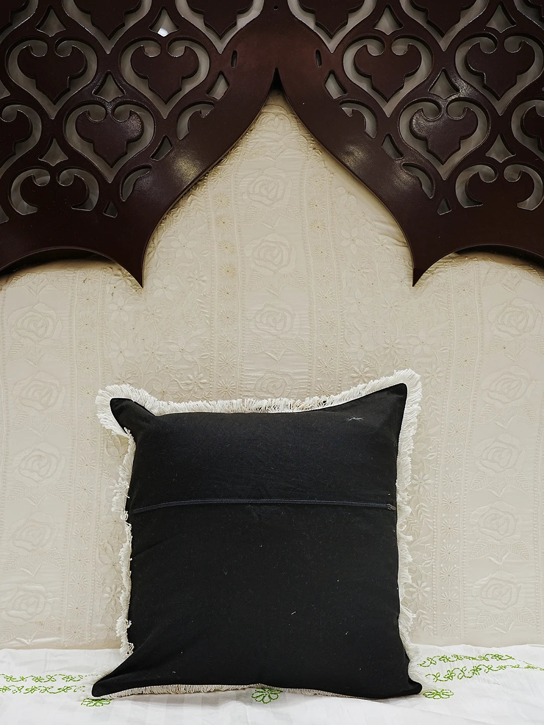Ada Hand Embroidered Black Cotton Lucknowi Chikankari Cushion Cover With Zari Work 01A503027